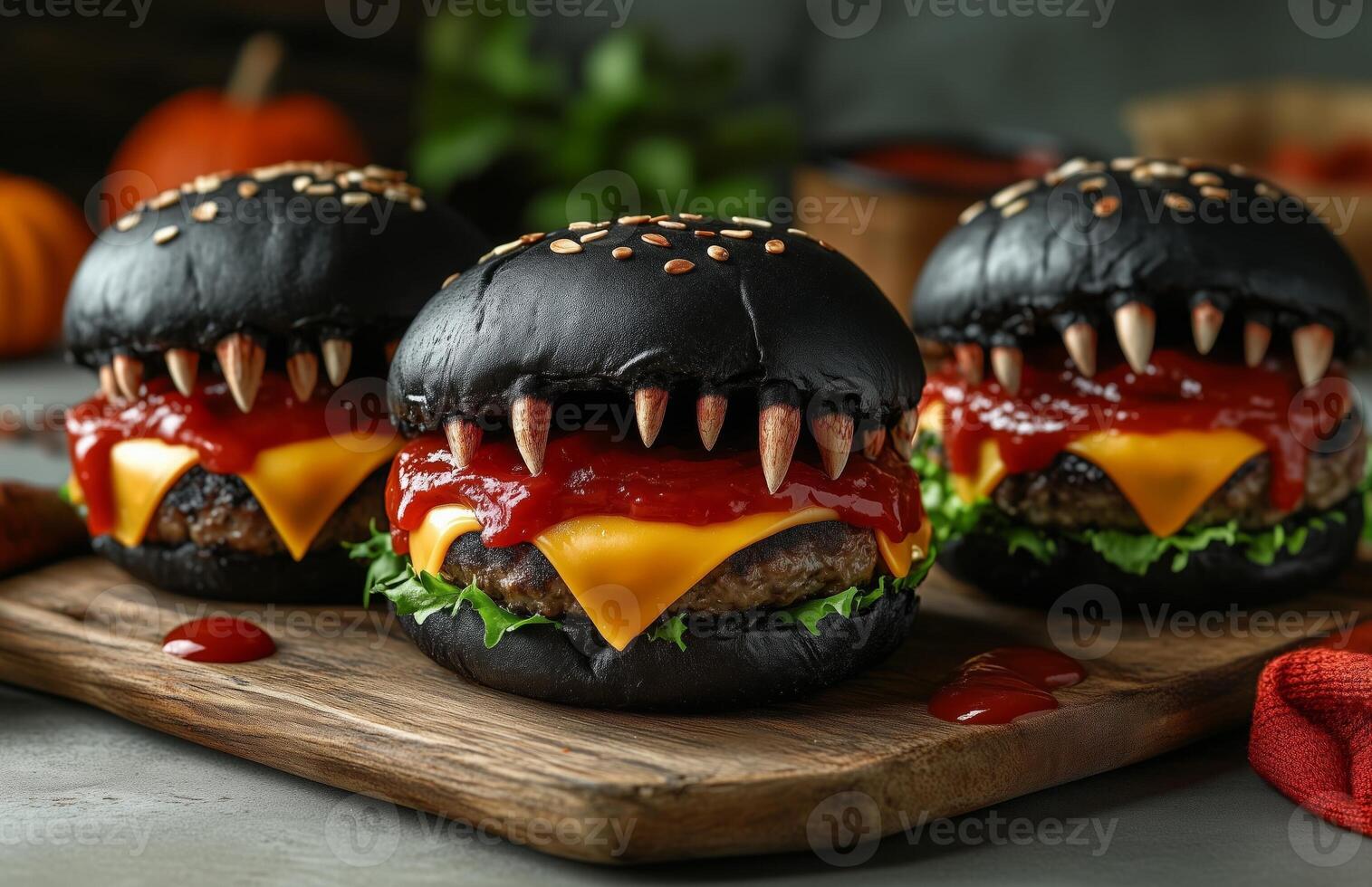 Halloween monster themed burgers with black buns, cheese, and ketchup on a wooden board photo