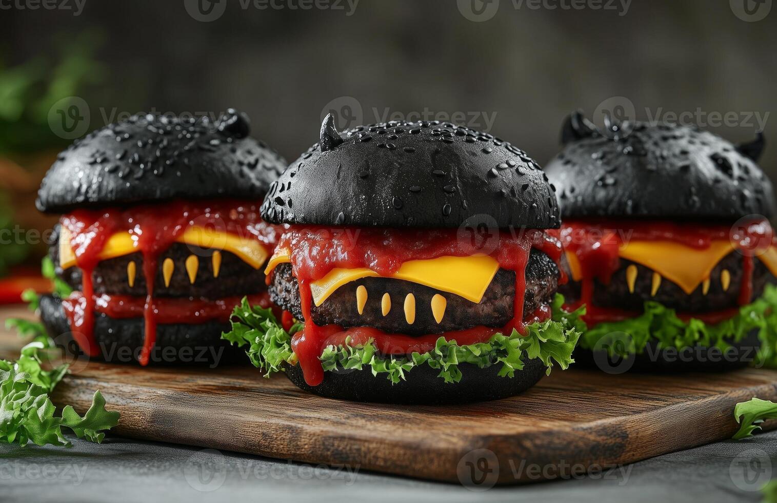 Halloween monster themed burgers with black buns, cheese, and ketchup on a wooden board photo