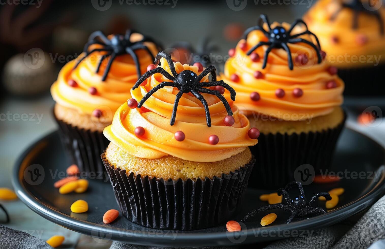Halloween themed cupcakes with spider decorations are creatively arranged on a festive plate for display photo