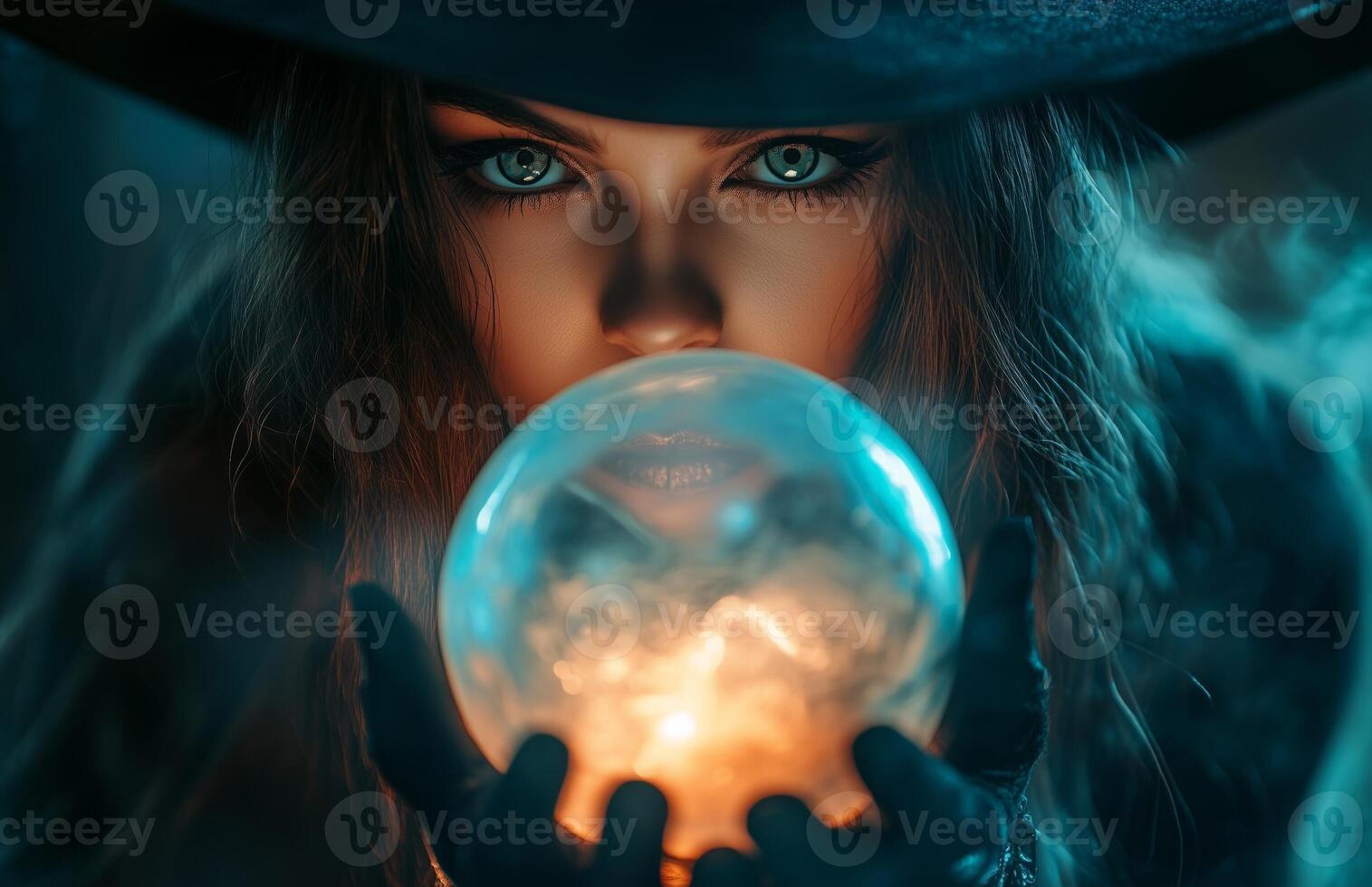 A beautiful woman in a black witch costume holds a glowing crystal ball with mystic energy photo