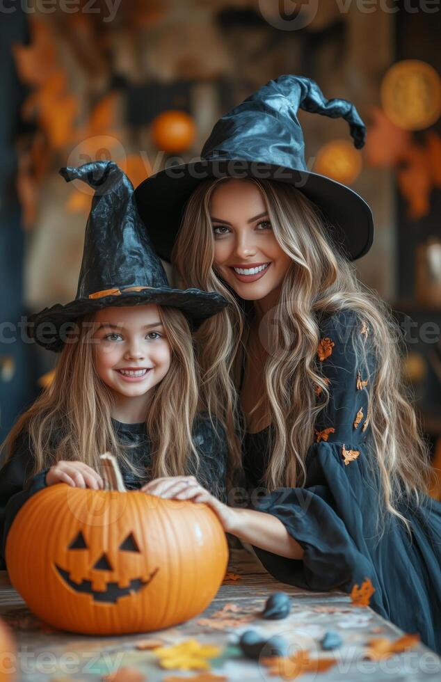 A mother and daughter sit at a table decorating a pumpkin for Halloween in festive costumes photo
