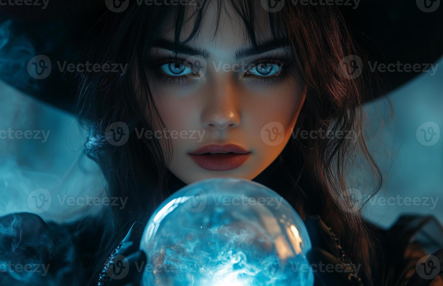 A beautiful woman in a black witch costume holds a glowing crystal ball with mystic energy photo