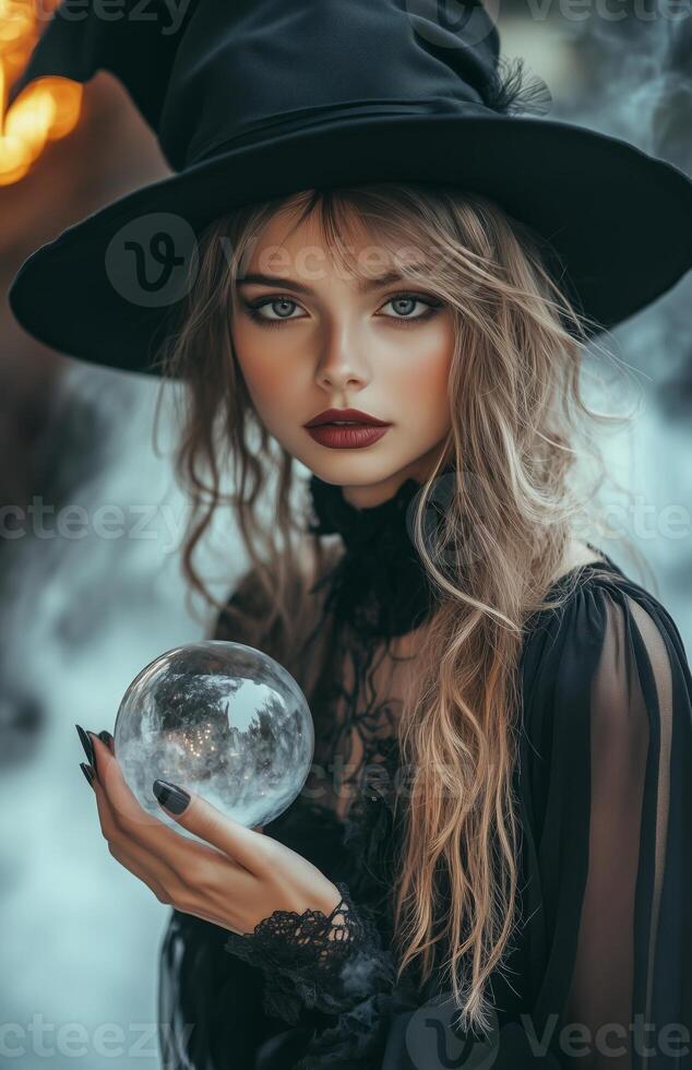 A beautiful woman in a black witch costume holds a glowing crystal ball with mystic energy photo
