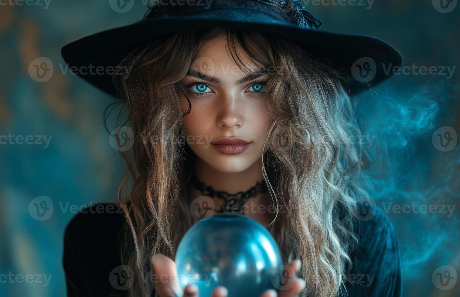 A beautiful woman in a black witch costume holds a glowing crystal ball with mystic energy photo