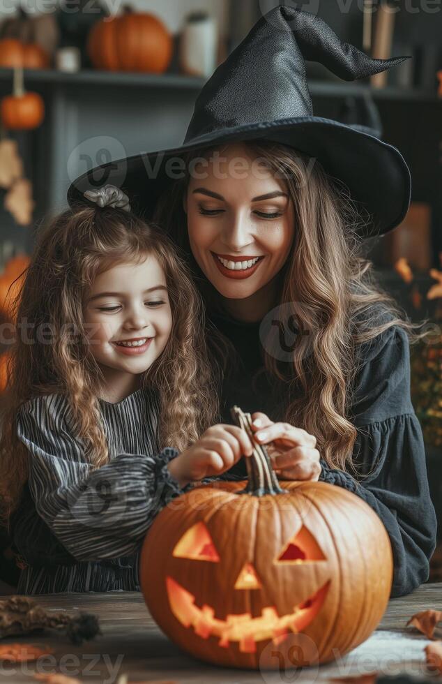 A mother and daughter sit at a table decorating a pumpkin for Halloween in festive costumes photo