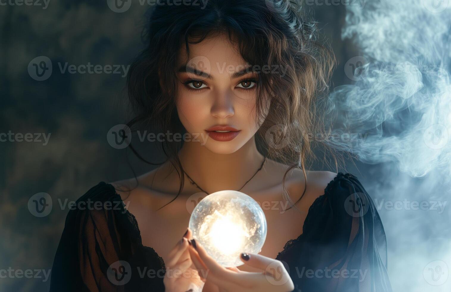 A beautiful woman in a black witch costume holds a glowing crystal ball with mystic energy photo