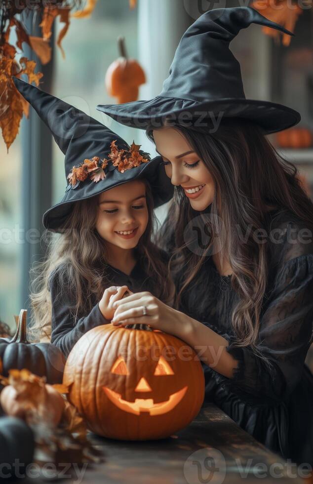 A mother and daughter sit at a table decorating a pumpkin for Halloween in festive costumes photo