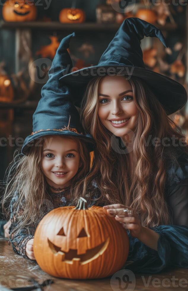 A mother and daughter sit at a table decorating a pumpkin for Halloween in festive costumes photo
