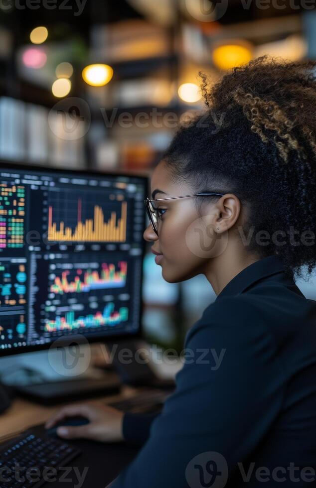 A Black woman analyzing business data on two monitors in a modern office photo