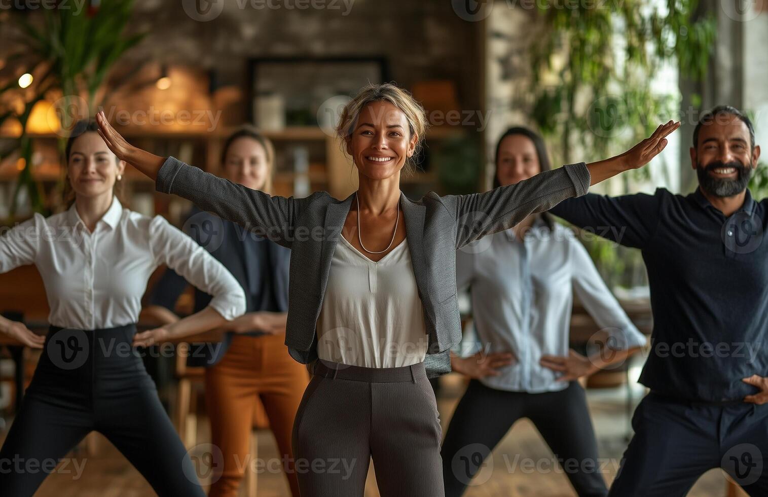 Office workers from different backgrounds engaged in group stretching exercises during a break photo