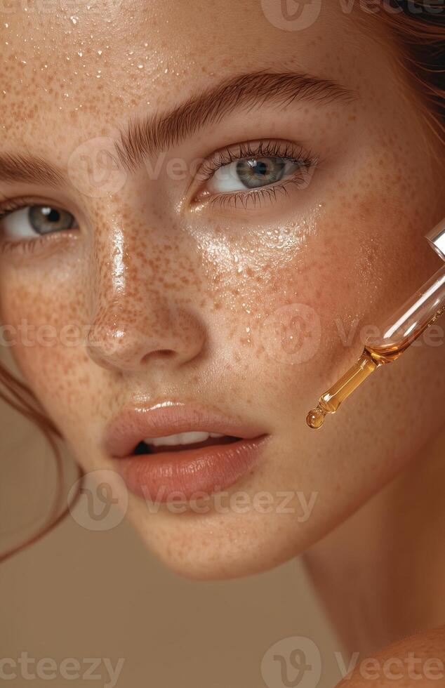 A freckled woman getting a facial treatment with a dropper bottle on beige background photo