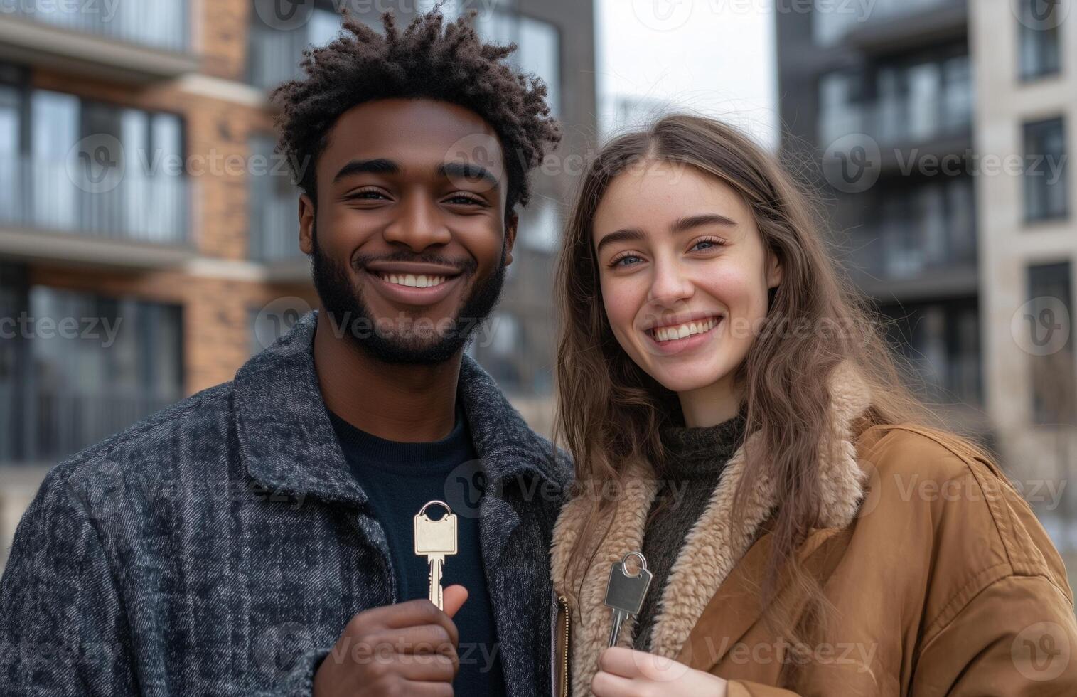 Young couple happily holding keys to their new home, beaming with joy photo