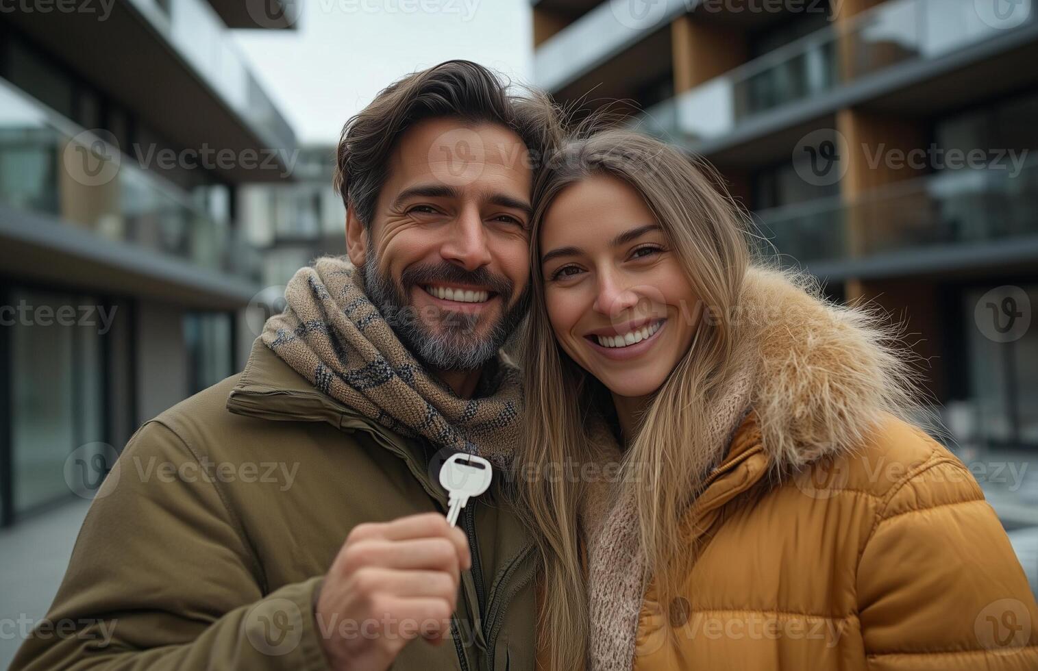 Young couple happily holding keys to their new home, beaming with joy photo