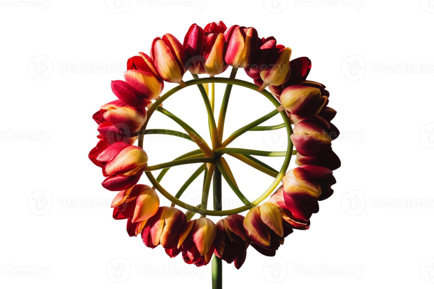 Bunch of red tulips with green leaves photo