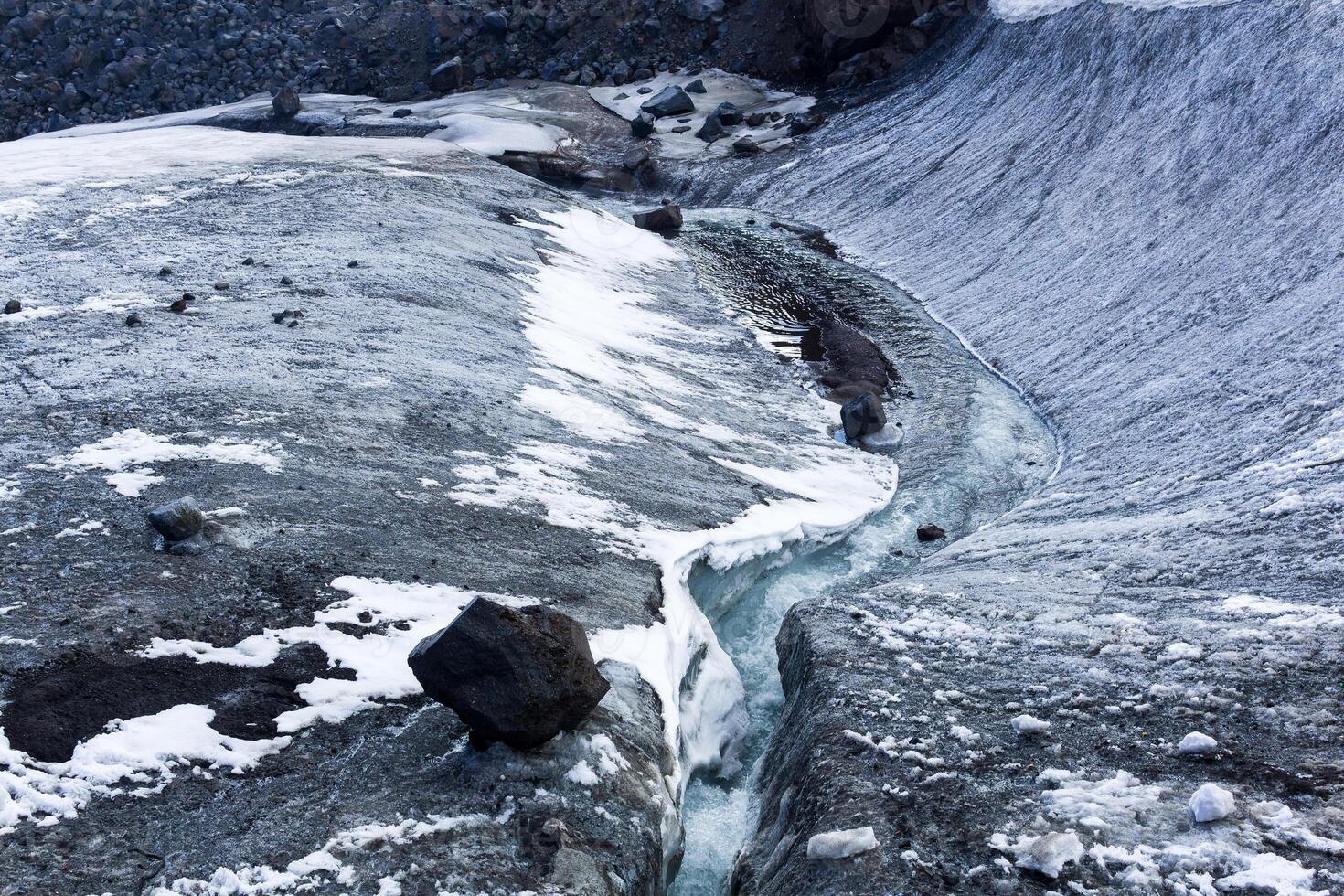 streams of water on the surface of a melting high-mountain glacier photo