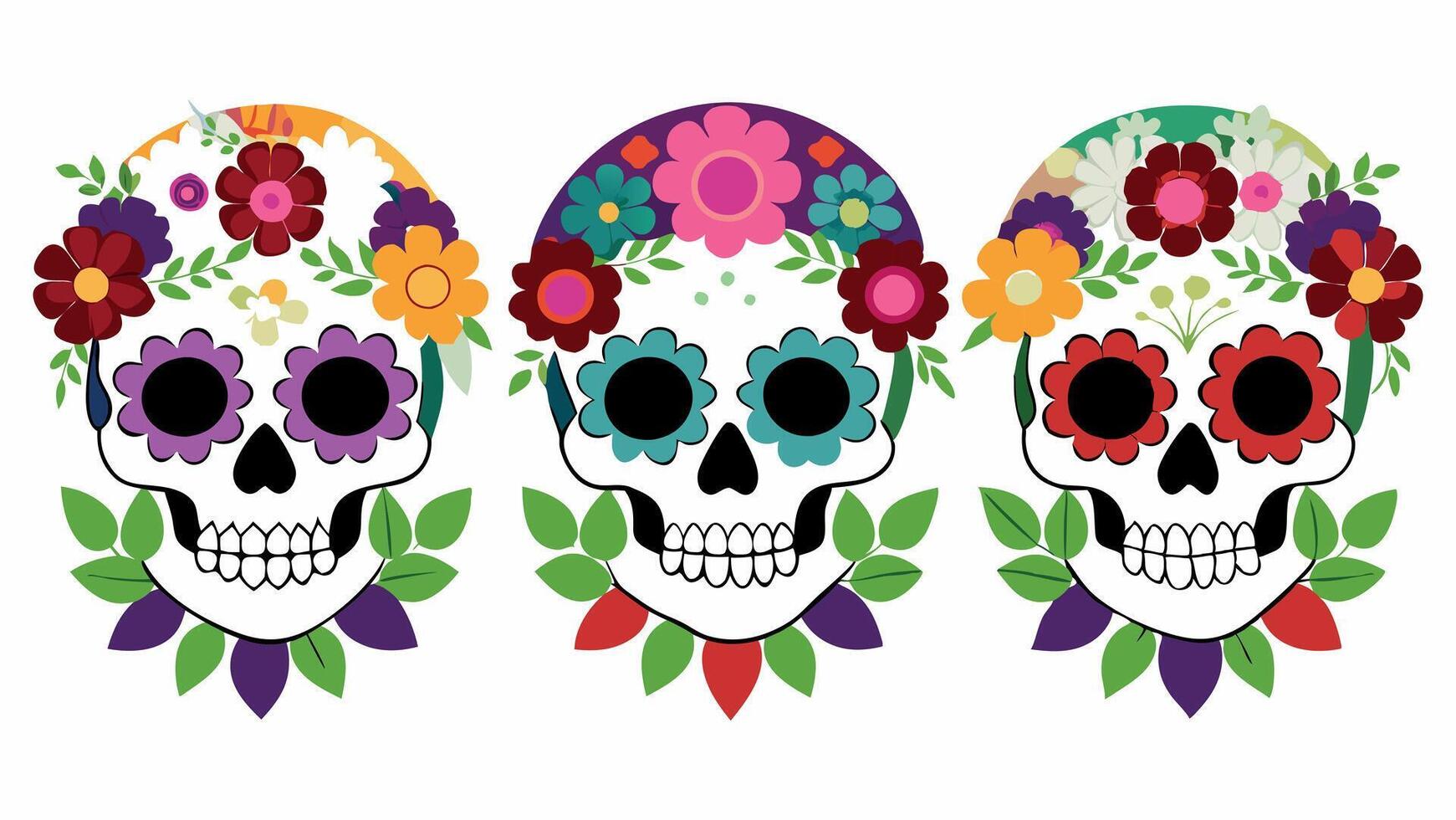 Set Day of the Dead skulls with vibrant floral crowns, Halloween illustration. vector