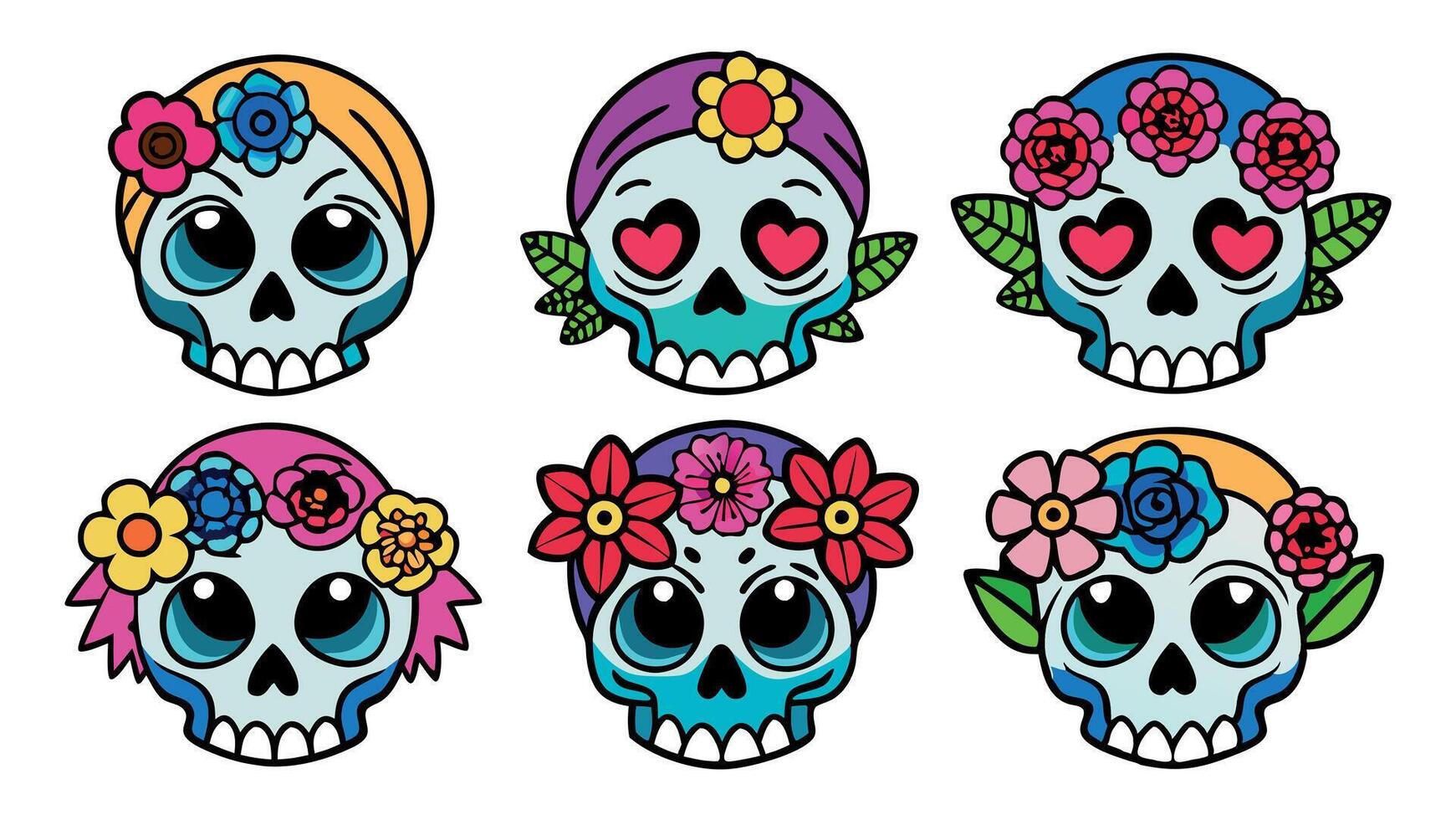Colorful skulls with heart and flower eyes, fabric prints, wallpapers, party decor for Dia de los Muertos. Playful and bright, with a cheerful color scheme. vector