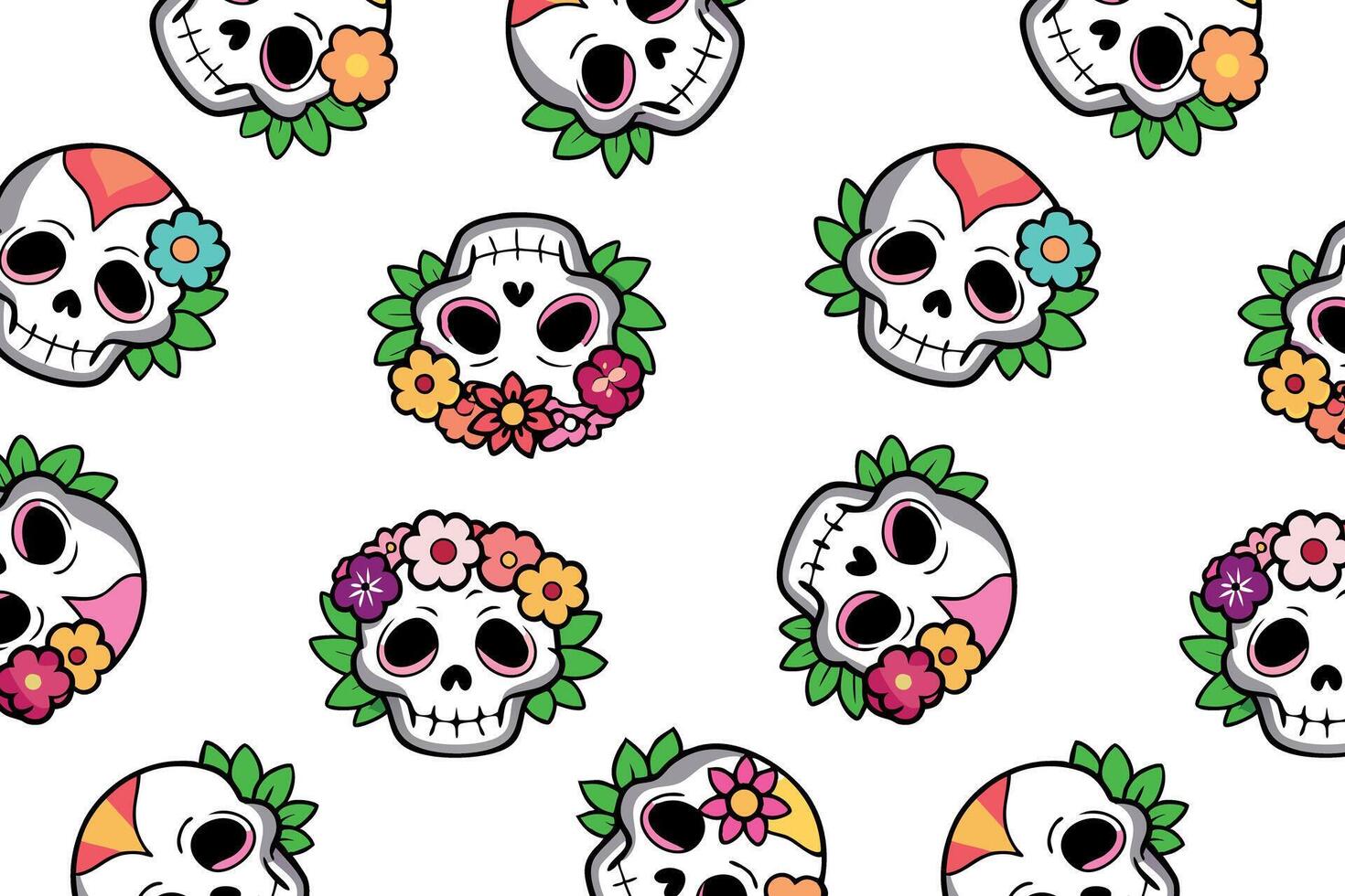 Rotated skulls with floral headpieces in a colorful pattern. Web backgrounds, stationery, festive textiles. Playful cartoon style with a bright and vivid color palette vector