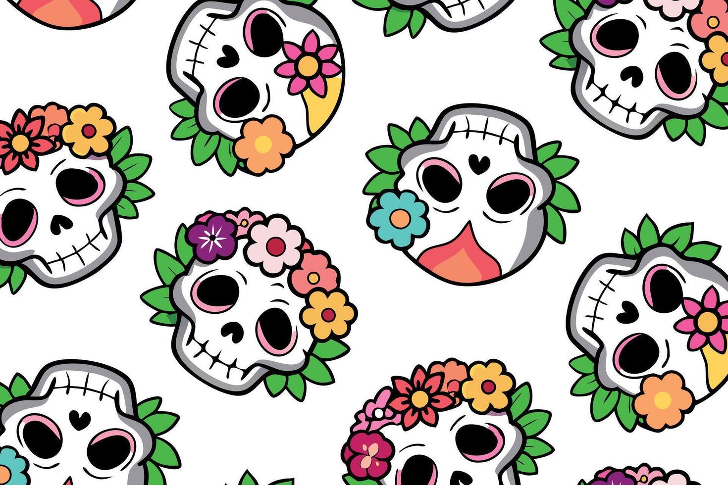 Colorful skull illustrations with flowers for Dia de los Muertos, stickers, web icons, festive decorations. Vibrant, cartoonish style with bright and lively colors vector