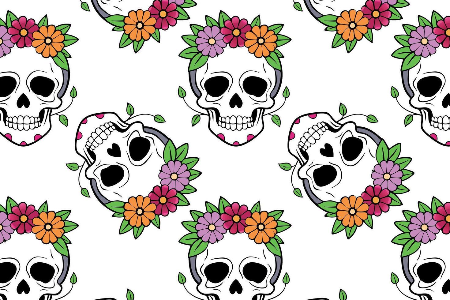Colorful skull pattern with flowers, background for Dia de los Muertos for web design vector