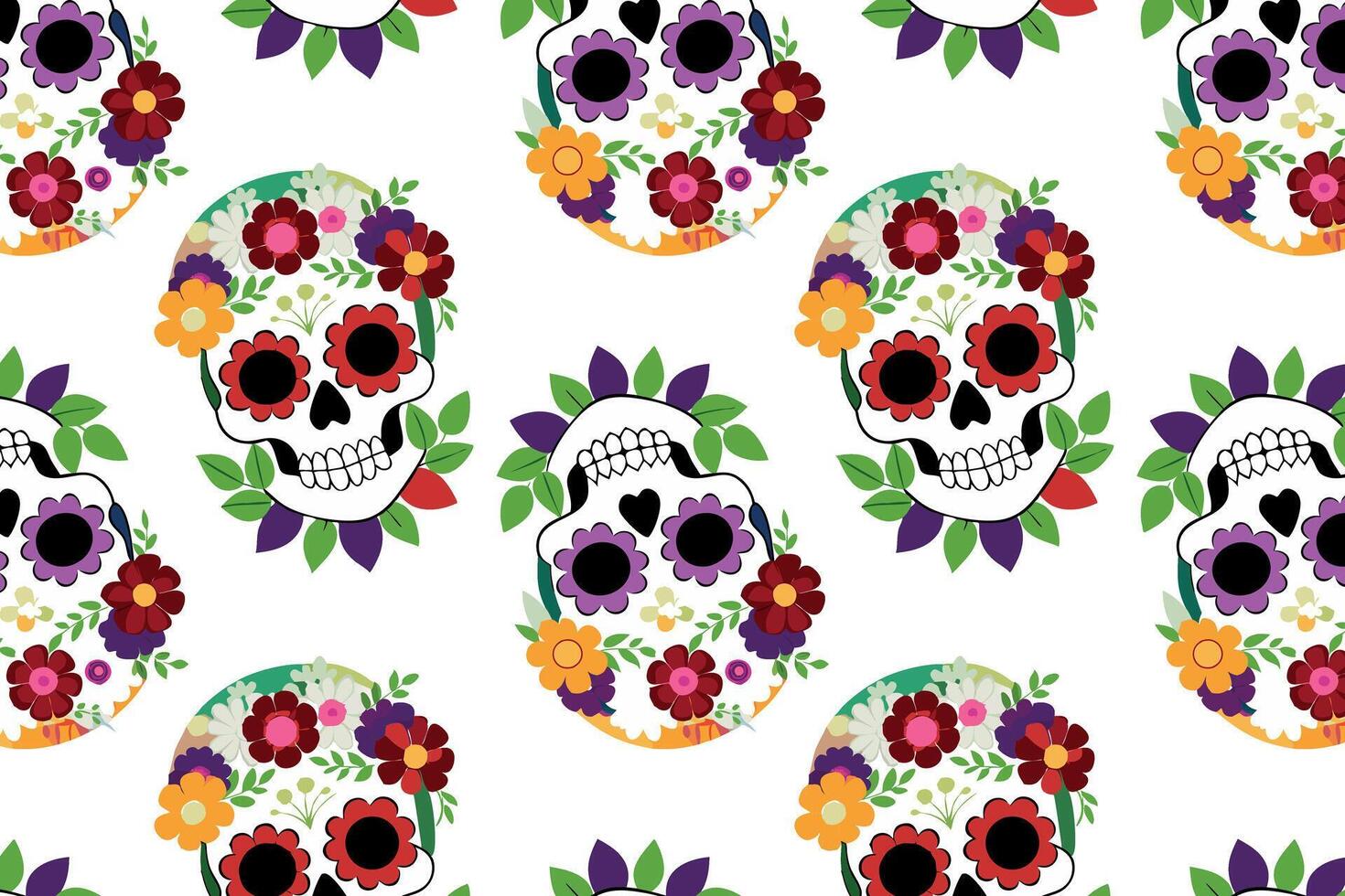 Dia de los Muertos skulls with colorful flowers, seamless pattern for fabric prints, festive crafts vector
