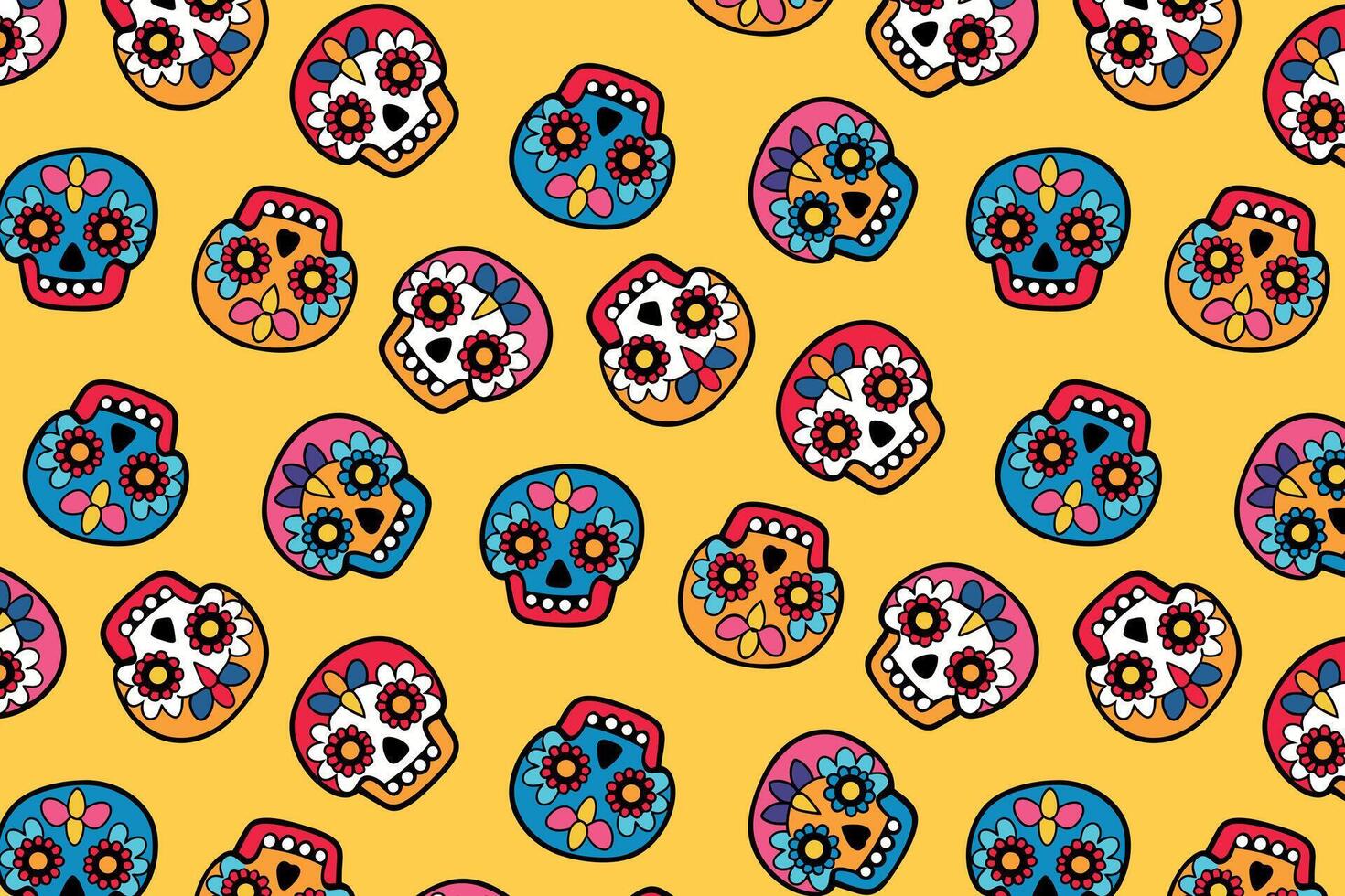 Bright sugar skulls pattern on yellow, Day of the Dead, vibrant Mexican design, textile printing and festive decorations, colorful skulls in a repeating layout. vector