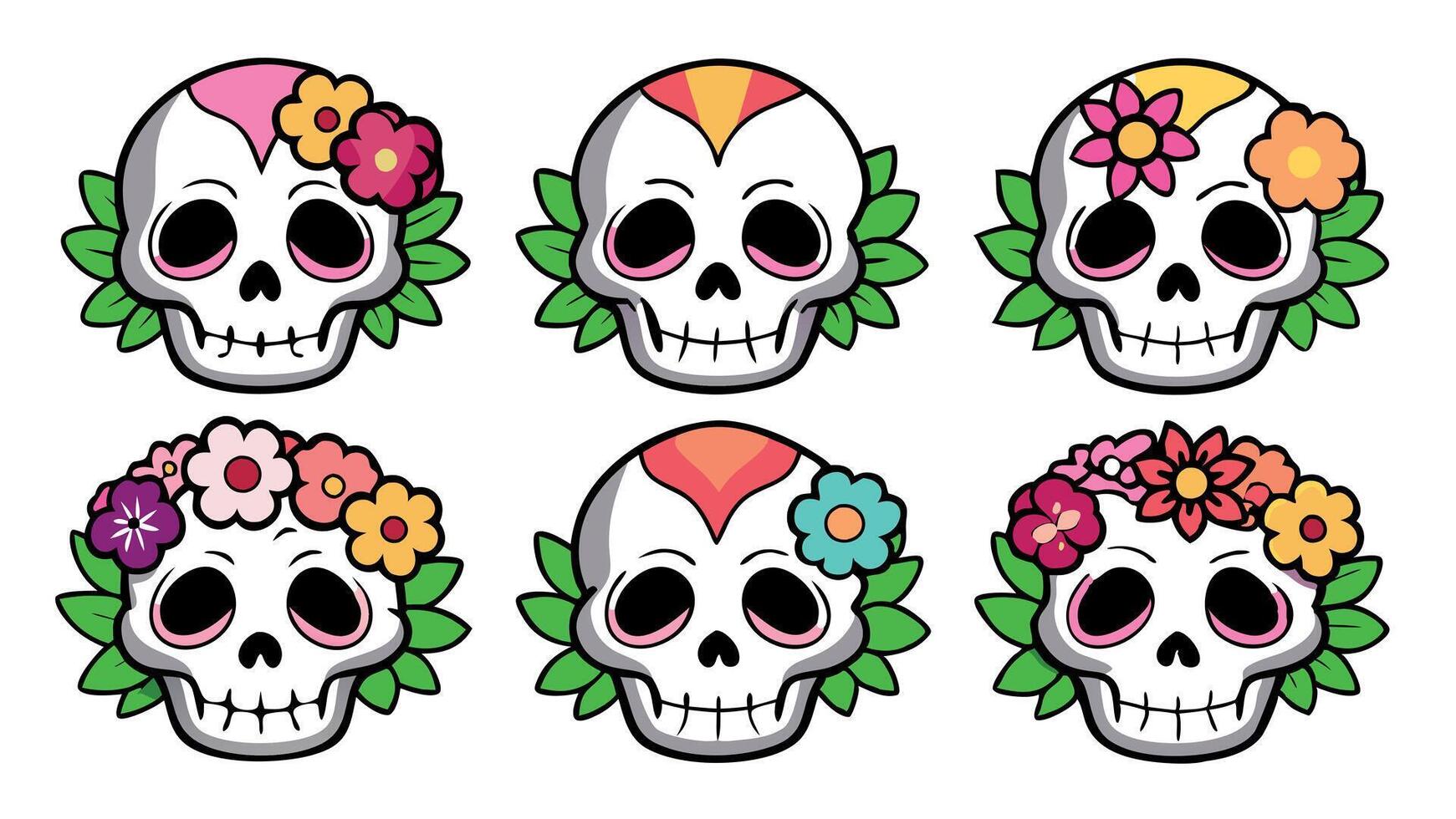 Dia de los Muertos themed skull illustration with floral accents, vivid, colorful, for icon design, greeting cards, festive patterns. vector