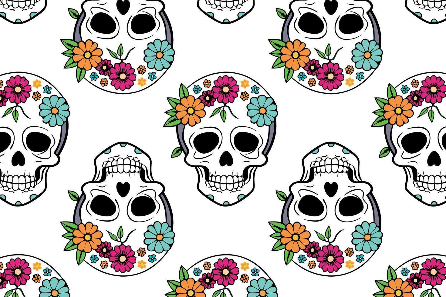 Day of the Dead skull pattern with bright flowers, for event promotions, wrapping paper, fabric vector