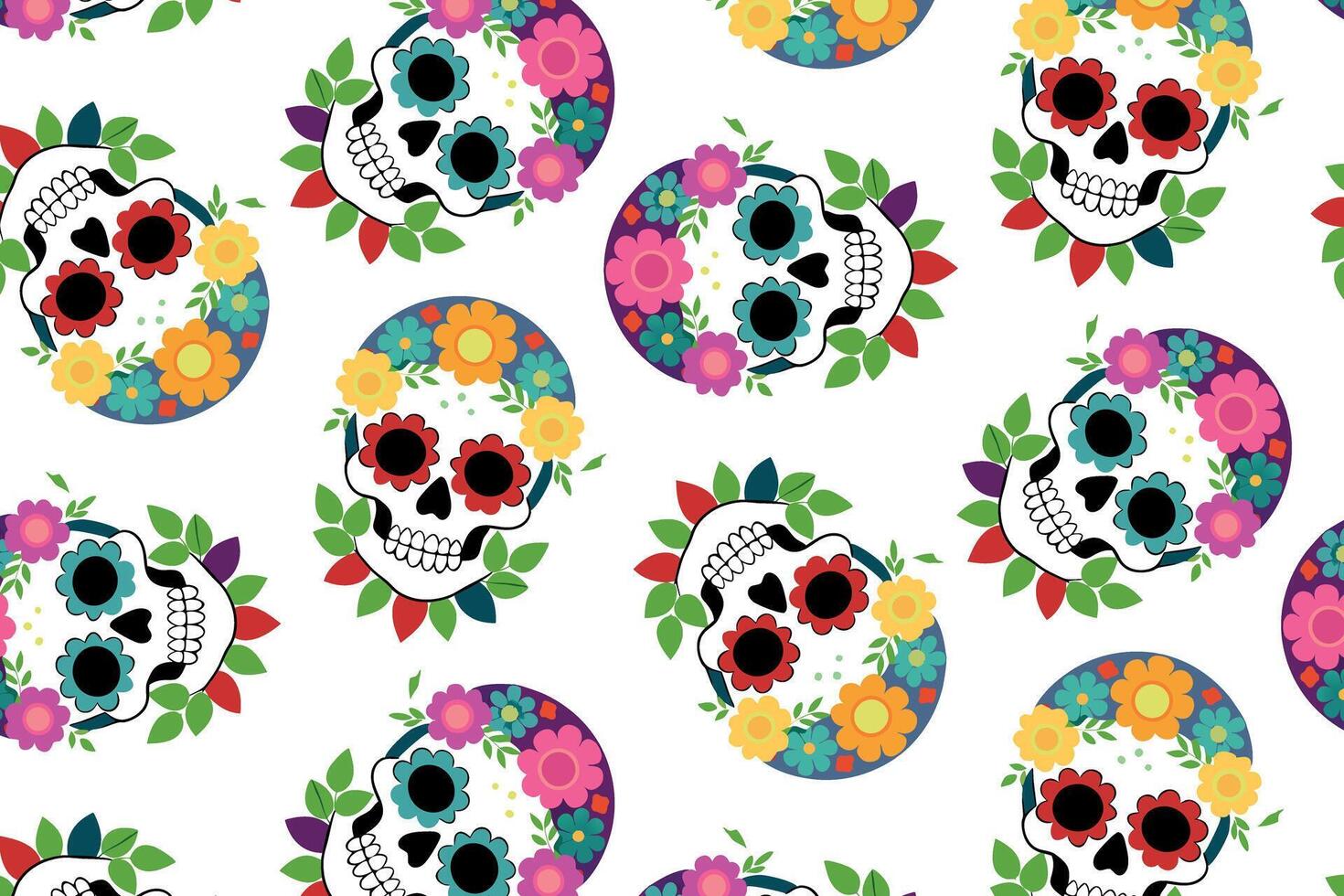 Day of the Dead skulls pattern with floral crowns, seamless pattern for holiday decorations vector