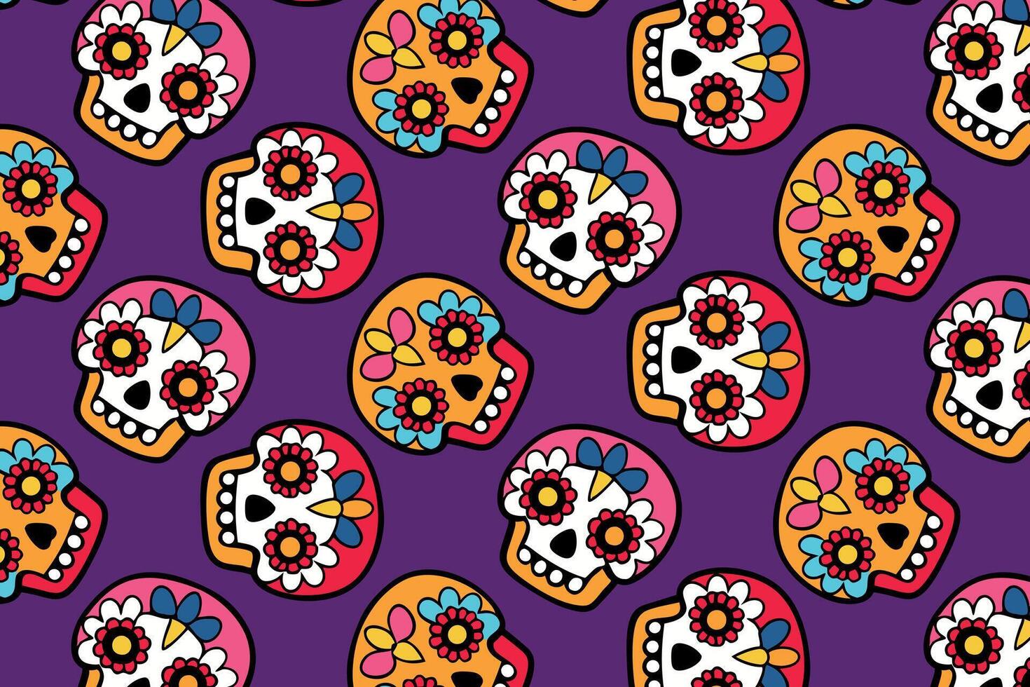 Dia de los Muertos pattern, skulls on purple background, bright festive colors, fabric and web design, lively and traditional Mexican pattern vector