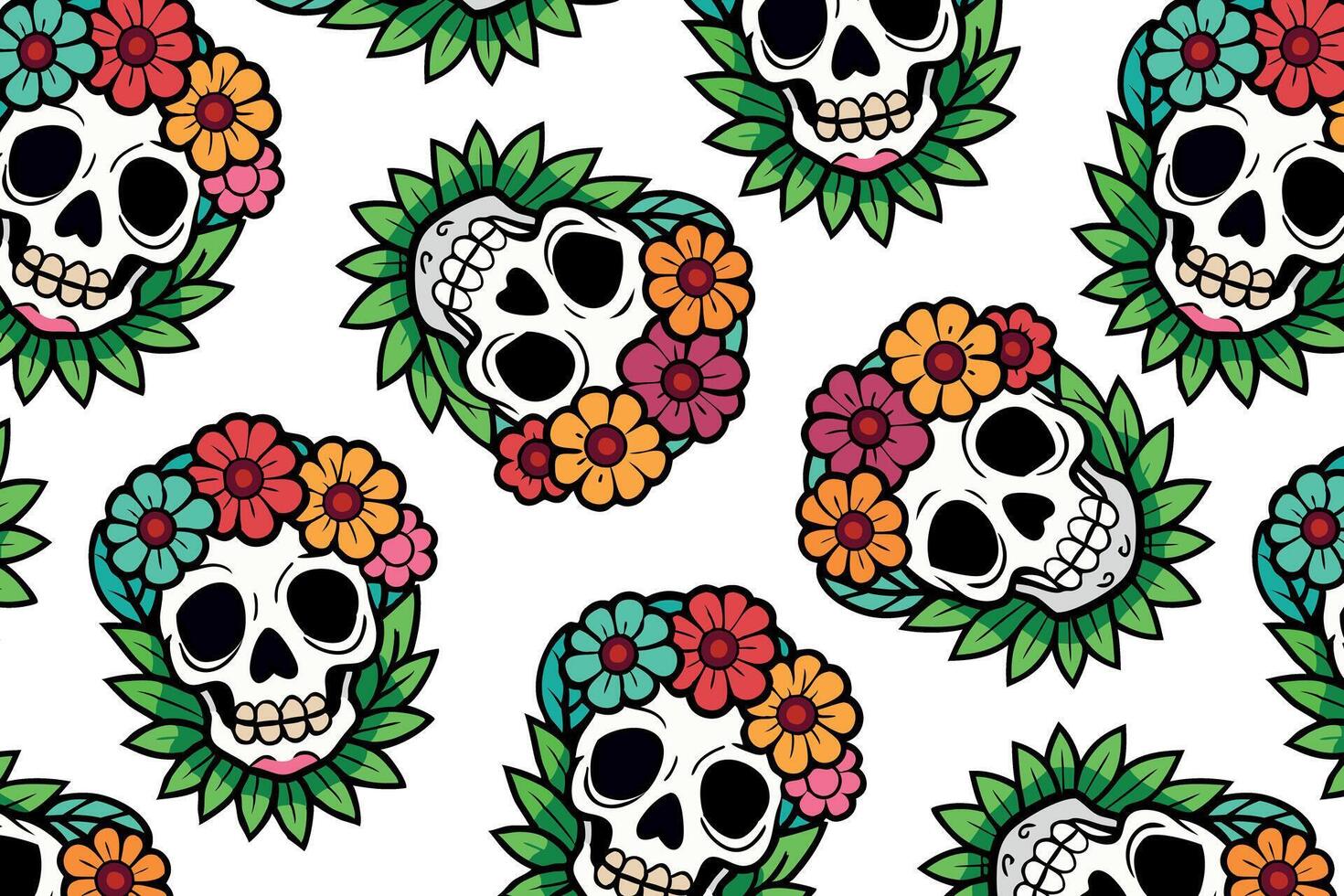 Colorful skulls with floral decorations in a repeating pattern, perfect for holiday-themed textiles and digital backgrounds. Vivid, engaging colors with a lively, festive atmosphere vector
