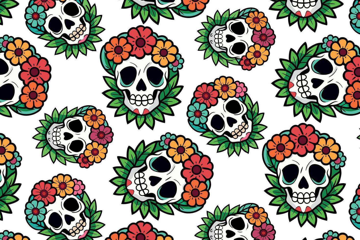 Repeating sugar skull pattern with vibrant flowers, ideal for Dia de los Muertos themed projects, wallpapers, and digital art. Bright, colorful design with a cheerful, festive aesthetic vector