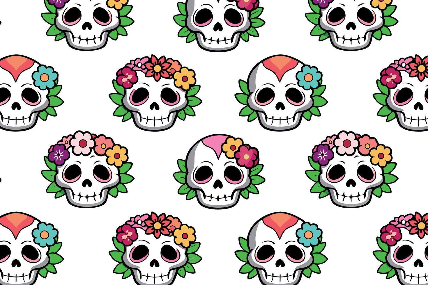 Dia de los Muertos skull pattern with flowers and leaves, vibrant, fabric prints, wallpapers, themed event decor. Playful and colorful style with bright accents vector