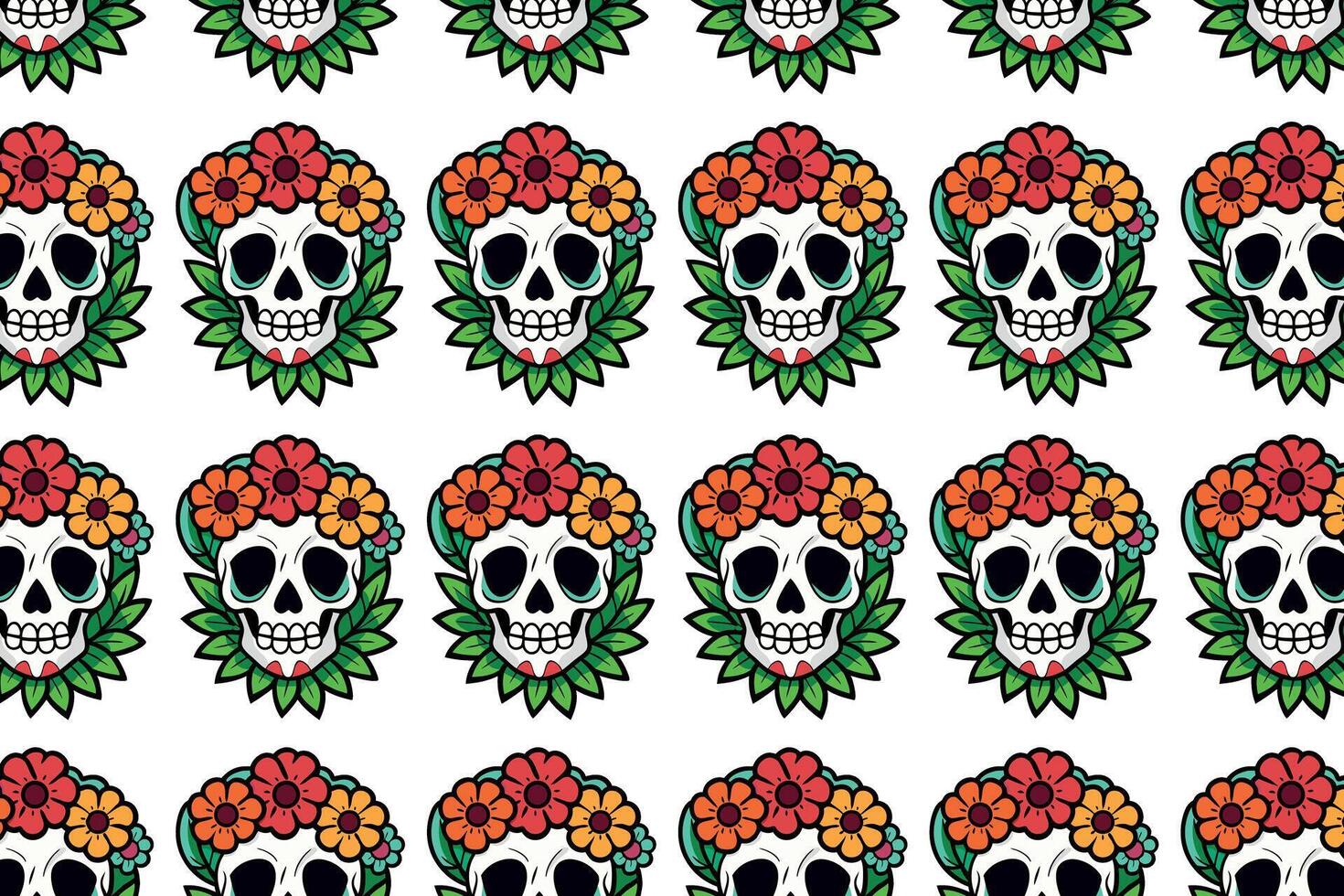 Colorful sugar skull pattern with floral elements, perfect for Dia de los Muertos themed projects, wallpapers, and apparel. Bold, vivid colors with a cheerful, celebratory vibe vector