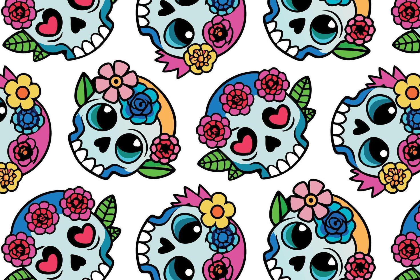 Vivid Dia de los Muertos pattern with cartoonish skulls and floral accents, extile design, wrapping paper, festive event themes. Vibrant color palette, fun, lively style vector