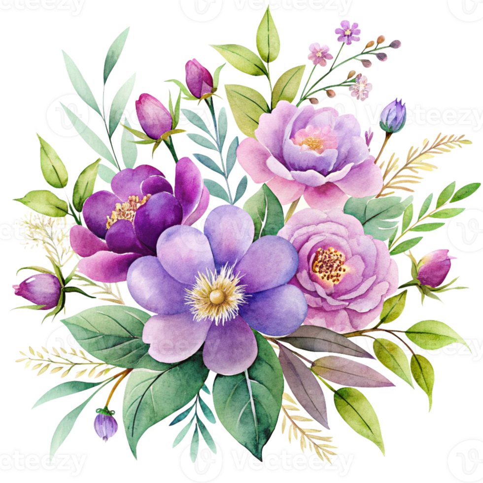 Purple Green Watercolor floral arrangement isolated on transparent background png
