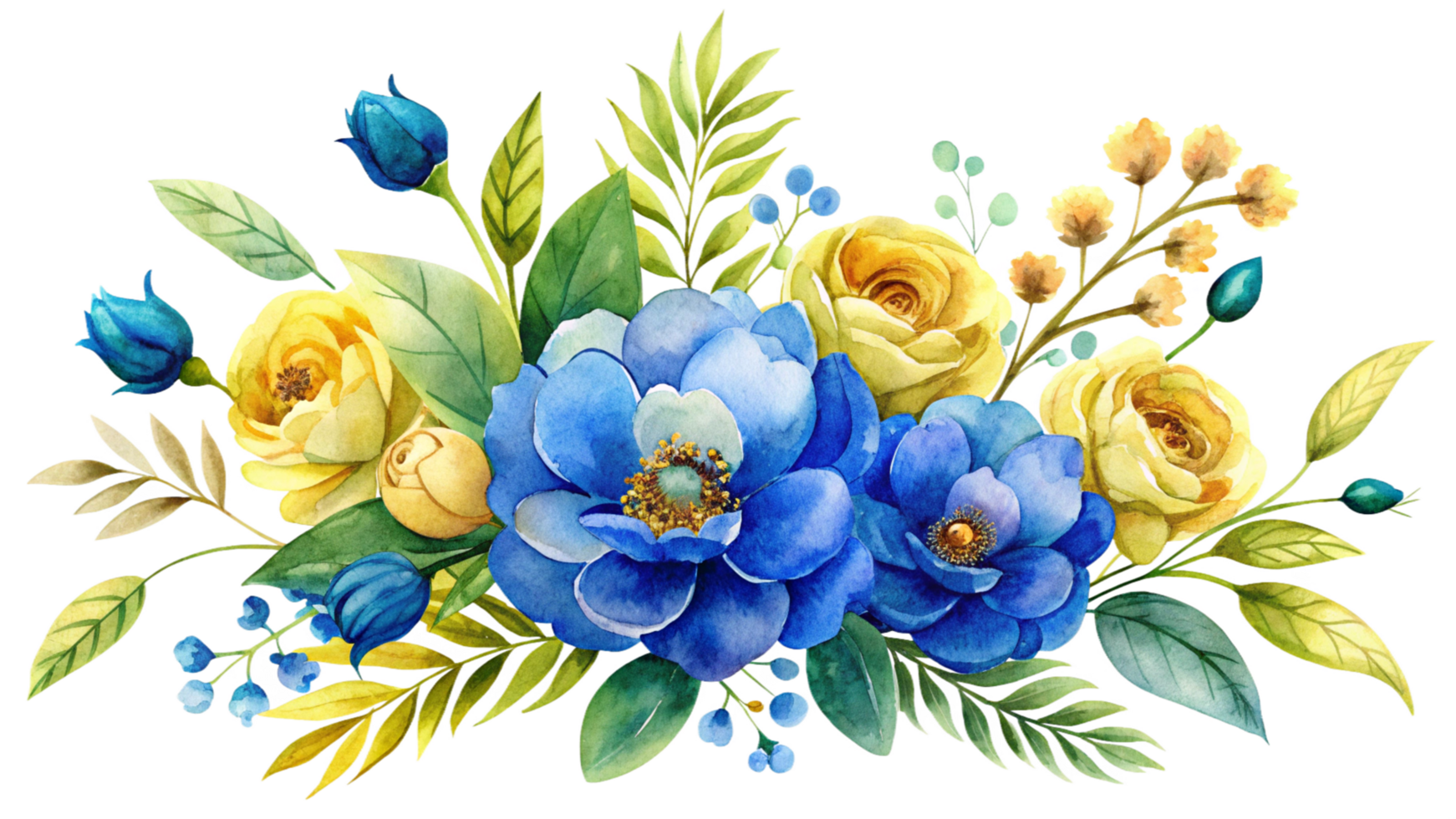Watercolor floral arrangement blue, yellow isolated on transparent background png