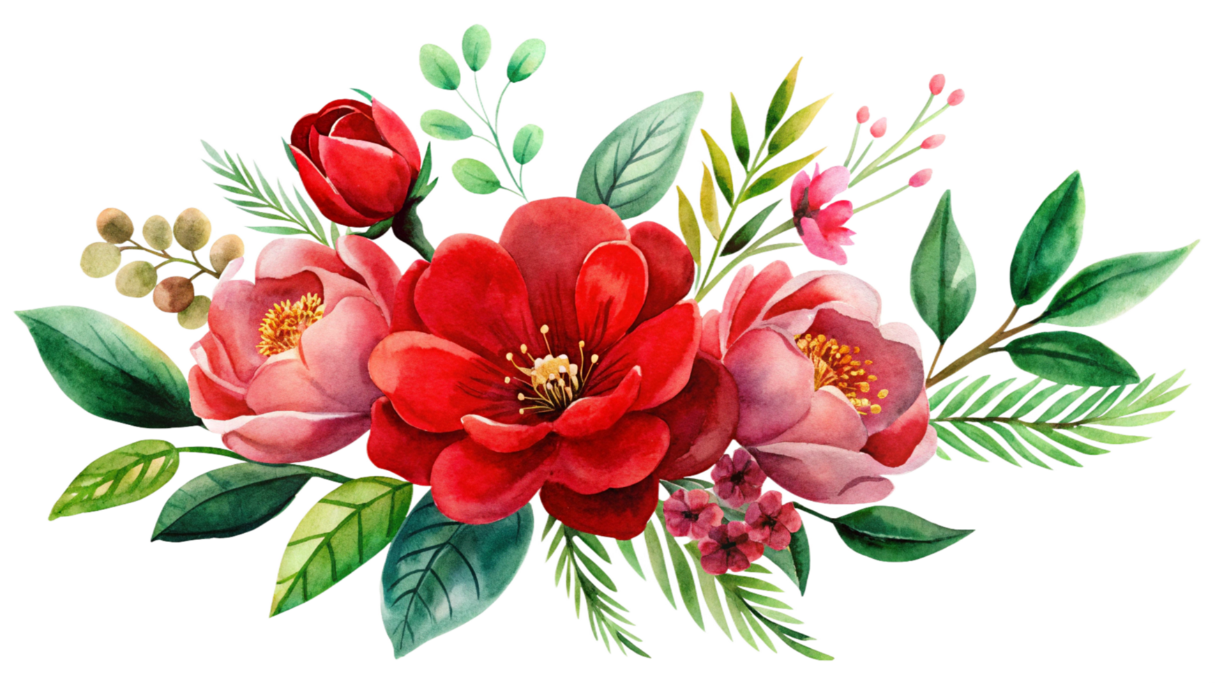 Watercolor floral arrangement red, blue isolated on transparent background png