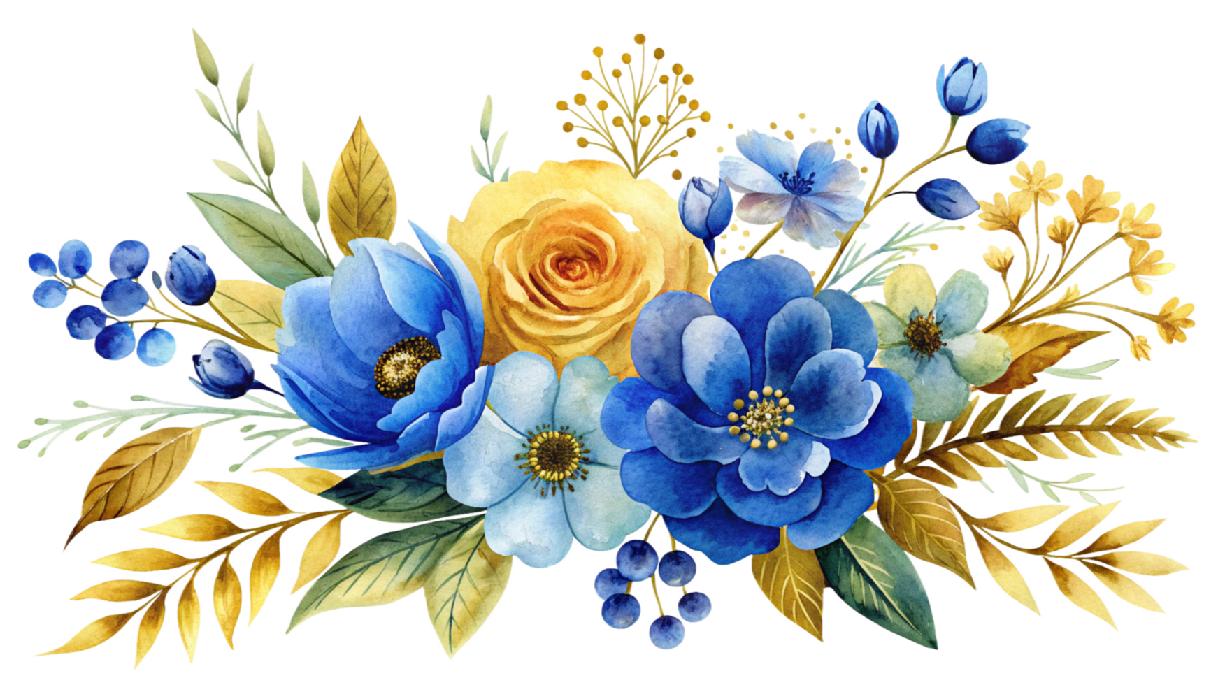 Watercolor floral arrangement gold, blue, green isolated on transparent background png