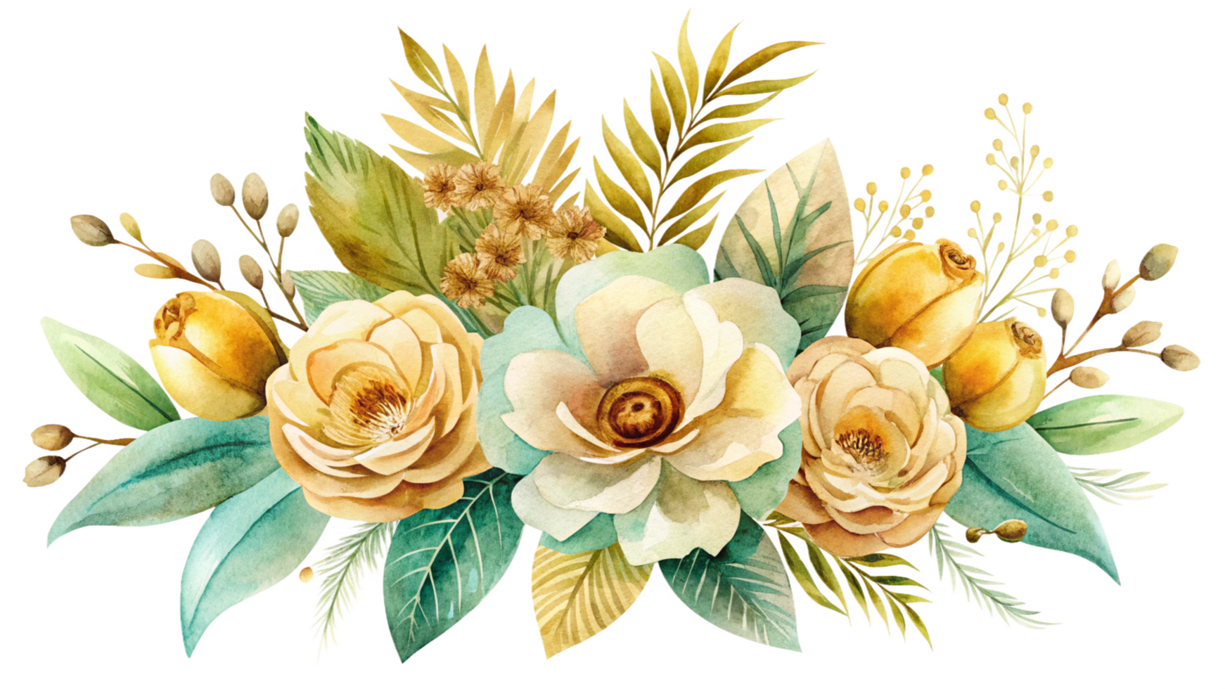 Watercolor floral arrangement gold, green isolated on transparent background png