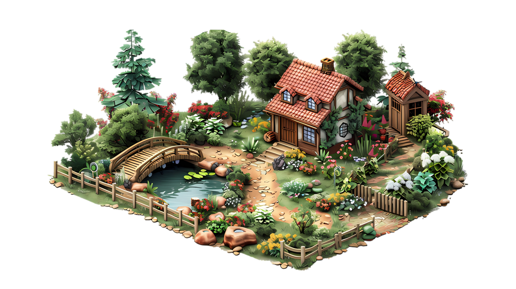isometric style a small garden with a house and a pond png