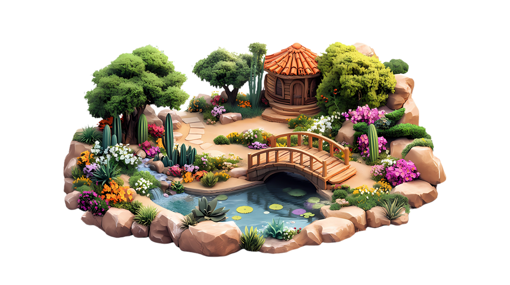 a garden with a bridge and a pond, isometric style png