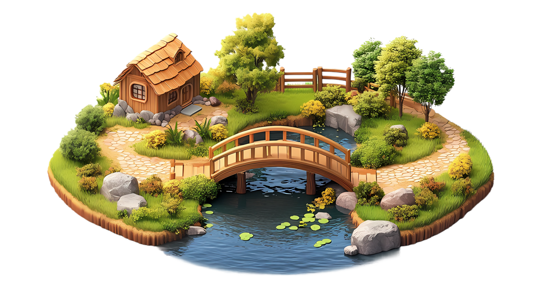 isometric style, a small house and bridge on a small island png