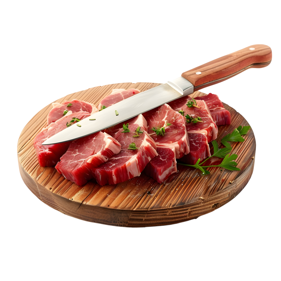 Raw meat slices on a wooden board with a knife isolated on transparent background png