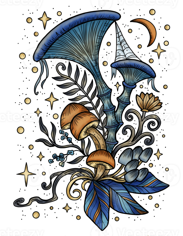 Blue celestial mystic mushrooms with spider web and floral decorative design elements, witchcraft symbols. Esoteric and witchy objects, tattoo concept png