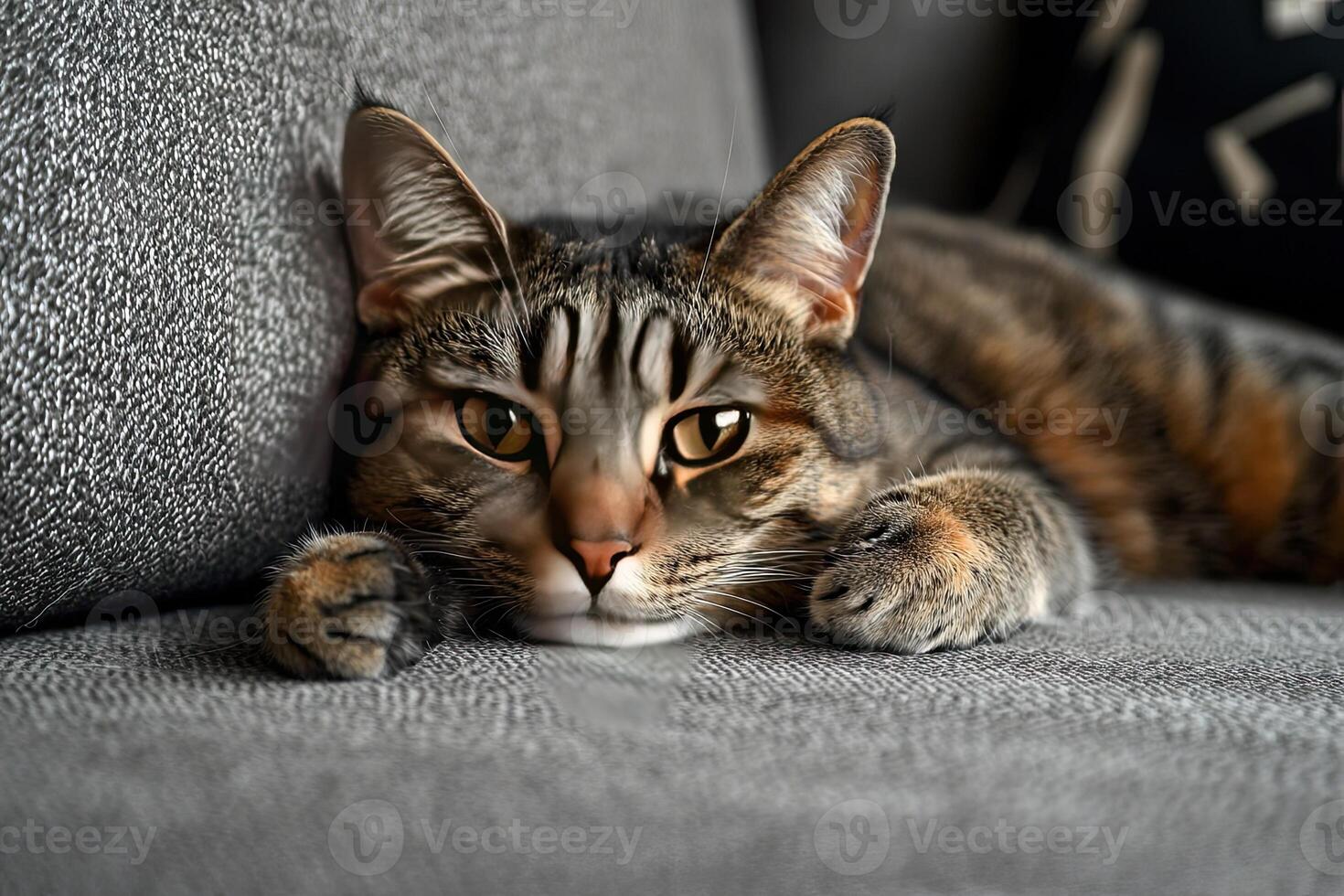 Cute tabby cat lying on grey sofa in living room at home photo
