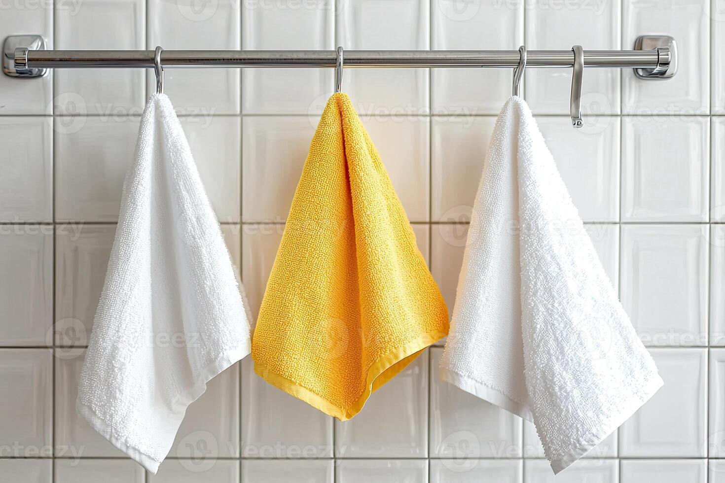 Kitchen towels hanging on a rack on a white brick wall photo