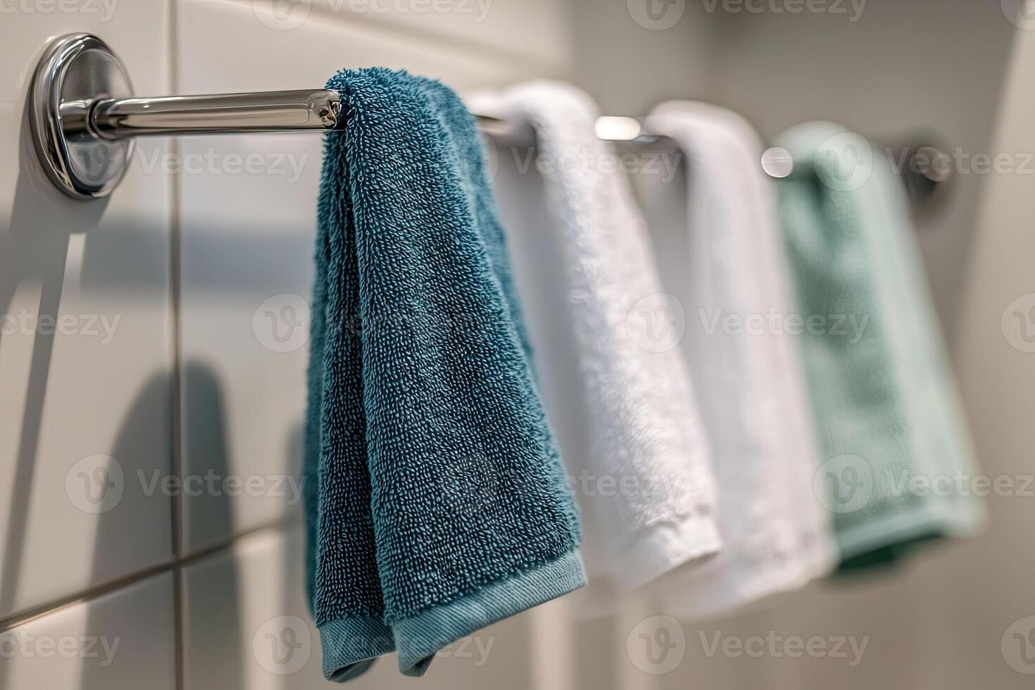 Kitchen towels hanging on a rack on a white brick wall photo