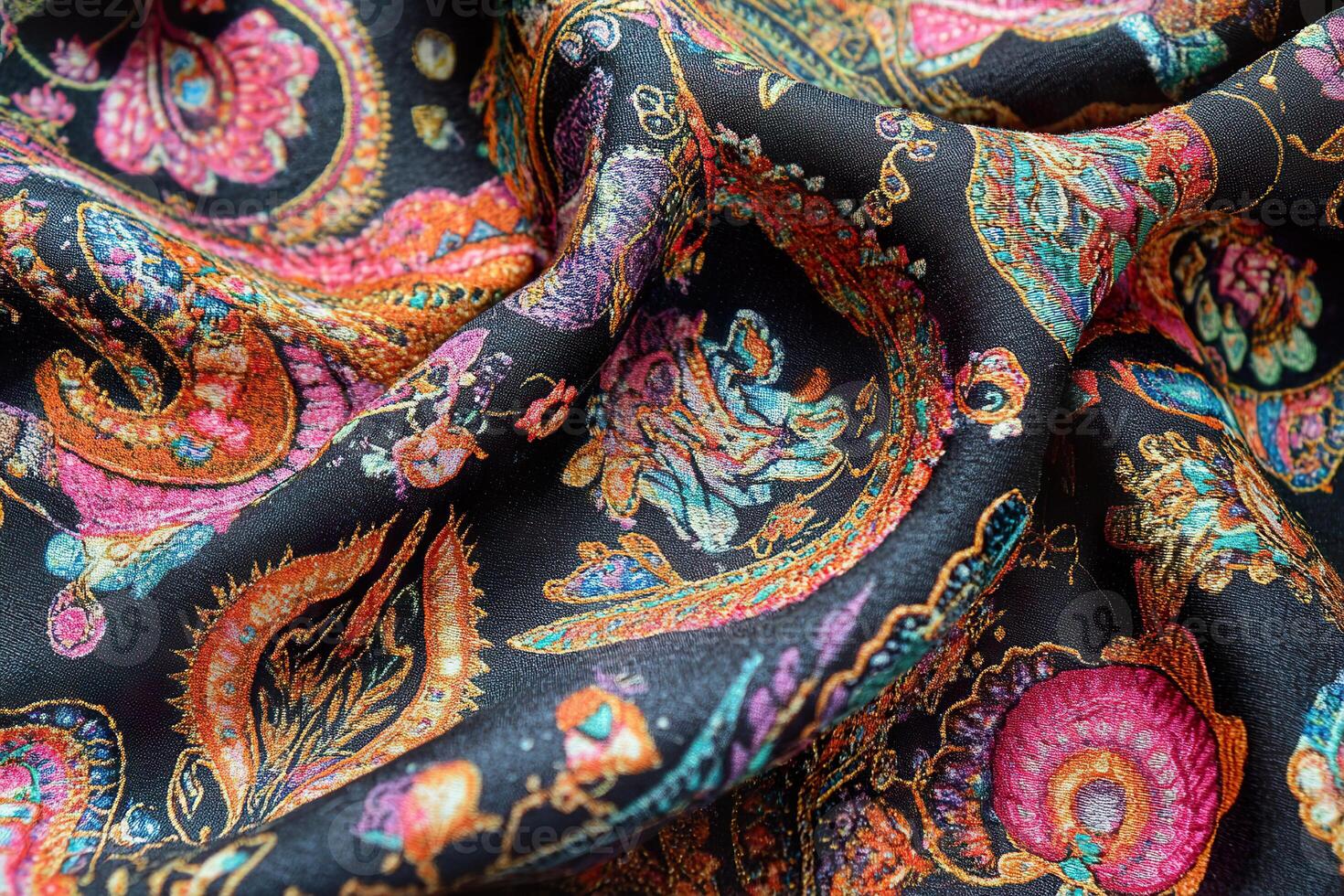 Vibrant textile with intricate colorful patterns on a black background. photo