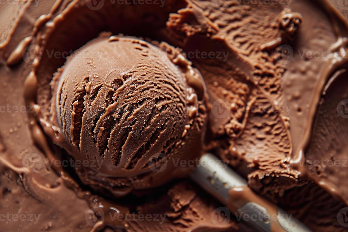 Close up of rich chocolate ice cream highlighting its creamy texture and smooth scoop. photo